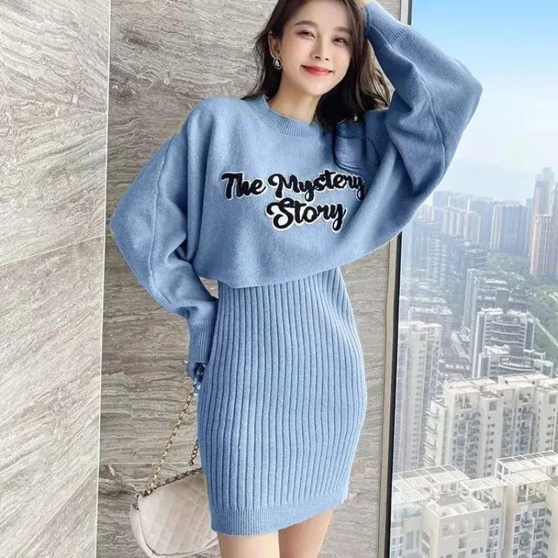 2 Pieces Sets for Women Knit Crochet Kawaii Commuting Slim Fit Midi Woman Outfit Blue Dress Long Sleeve Y2k Streetwear Co Ord