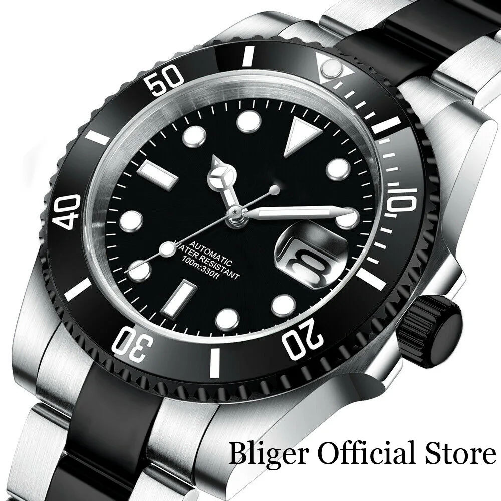 BLIGER Nologo New 24 Jewels NH35A Selfwinding Automatic Black/Silver Two Tone Mens Watch Screw Crown Ceramics Bezel