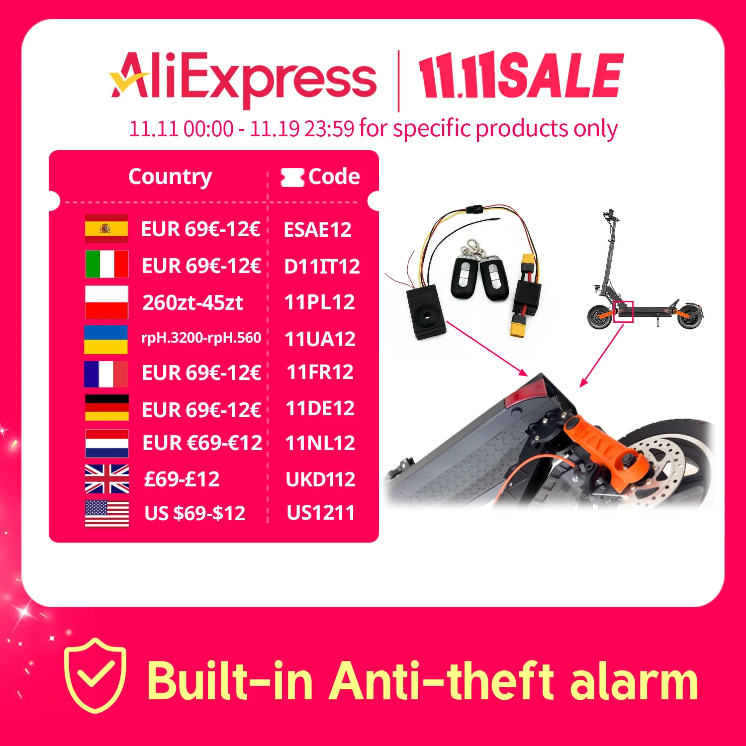 

Universal Anti-Theft Alarm System XT60 Security Protection 29-68V for KUKIIRN M5 pro Electric Scooter
