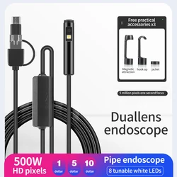 Mini Endoscope 8mm Triple Reflex Camera Waterproof Endoscope Adjustable Cable 6 LEDS Android Type-C USB Car Inspection Camera