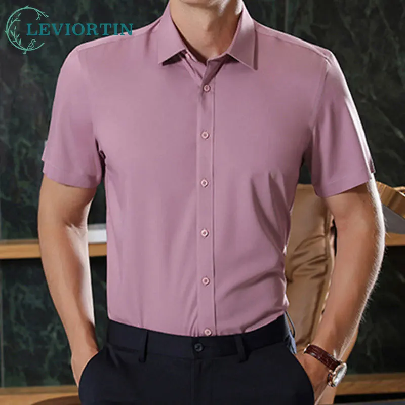 

2025 Summer New Men's Fashion Urban Shirt Bamboo Fiber Non ironing Anti wrinkle Solid Color Business Short sleeved Shirt