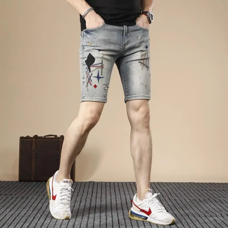 

European American Men's Stretch Denim Shorts with Summer Embroidery Distressed Vintage Look Mid-Length Casual Trendy Wear