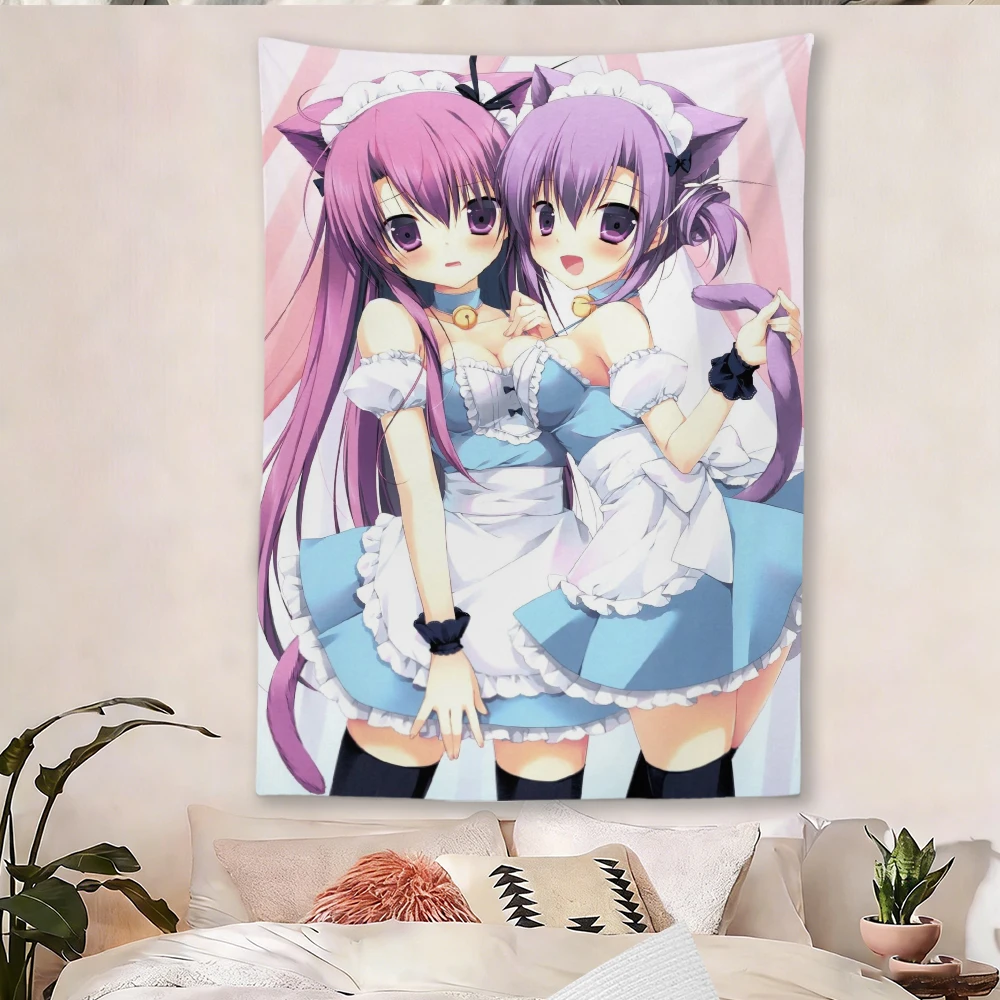 Cute Two Cat Ear Maid Anime Girls Tapestry Wall Hanging Cloth Poster Home Decor Background For Bedroom Dorm Living Room Wall Art