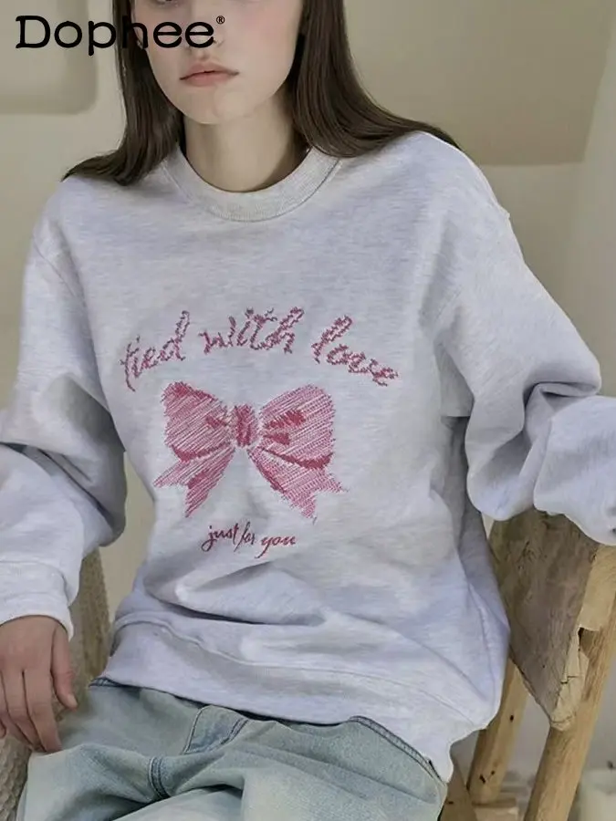 

Корейский стиль, весна 2026: Новая милая хлопковая толстовка с бантом и вышивкой букв, молодежная и стильная женская кофта