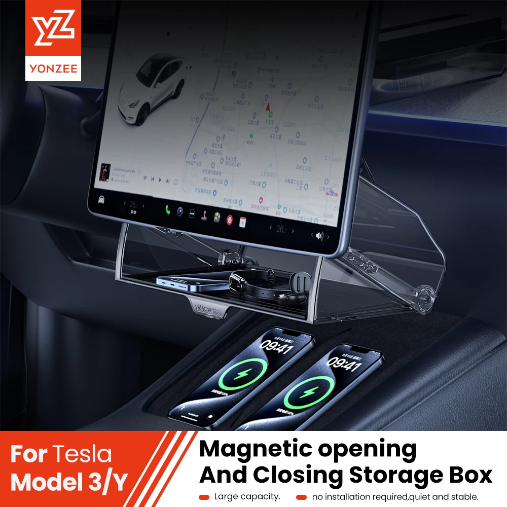 Caixa de Armazenamento Magnética para Tesla - Acessório de Bandeja Dobrável YZ para Highland Model 3 & Juniper Model Y ETC Organizador