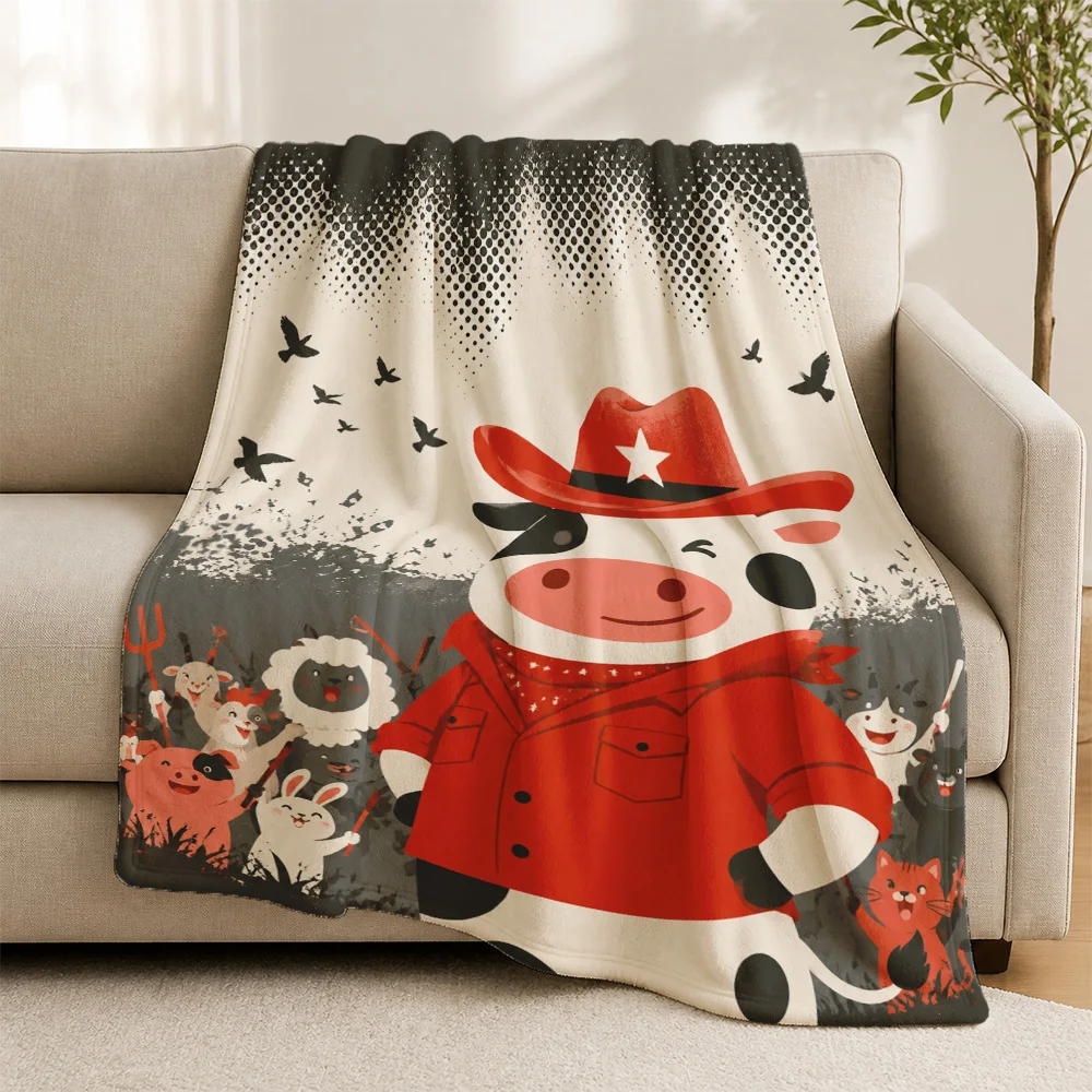 Cute Cartoon Animal Throw Blanket for Sofa Couch Home Decor Western Rodeo Style Pop Art Cozy Winter Gift
