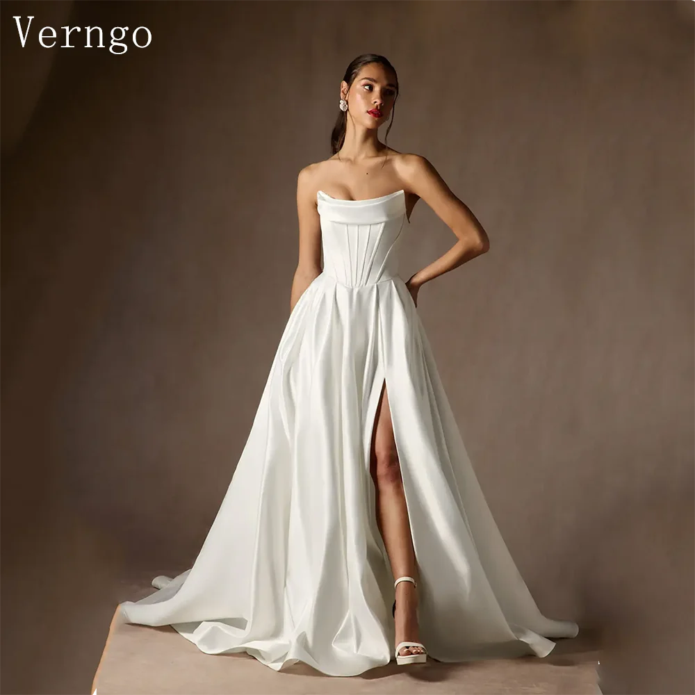 

Verngo lvory Satin Wedding Dress Spaghetti Straps A Line Bridal Gowns Sweap Train Simple Elegant Bride Dresses Customized