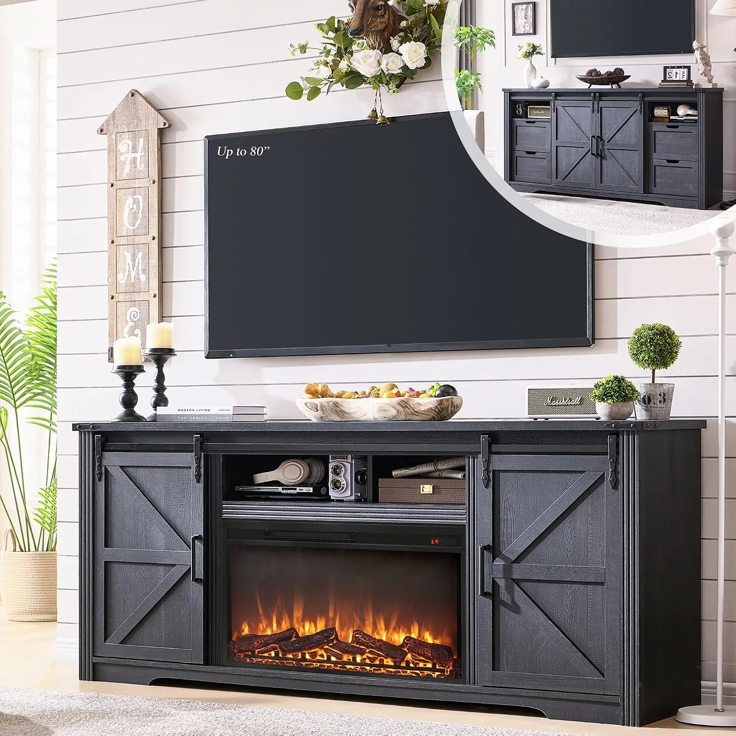 Farmhouse Fireplace TV Stand for 80 Inch TV, w/Drawer & Sliding Barn Door | 32" Tall Entertainment Center, 70 Inch, Customized