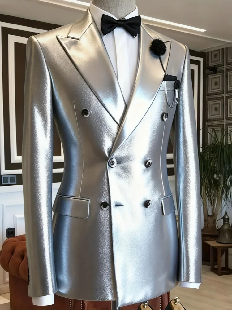 Men Slim‑Fit Solid Silver Blazer with Full Glossy Texture & Peak‑Lapel for Stage Wedding Night Club Prom Events
