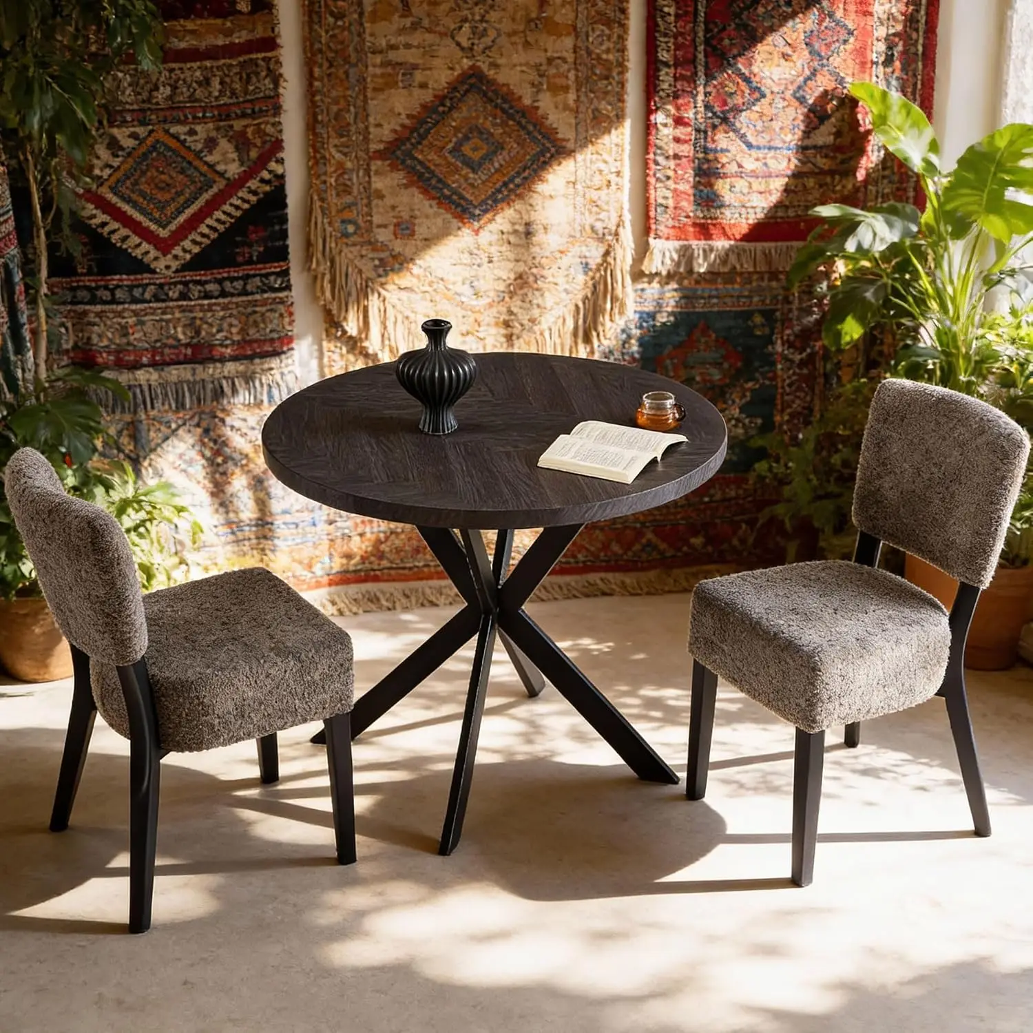 Round Dining Table & Chair Set Space Saving Kitchen Nook Wood Grain Metal Frame 2 Stackable Chairs Grey, Customized