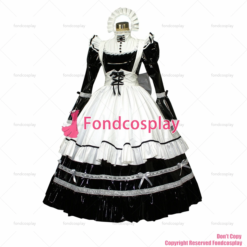 fondcosplay adult sexy cross dressing sissy maid long black thin PVC dress lockable Uniform white apron CD/TV[G407]