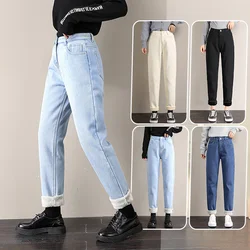 Women Winter Jeans Velvet Thick Warm Denim Pants High Waist Fleece Mom Jeans Vintage Denim Thermal Stretch Trousers