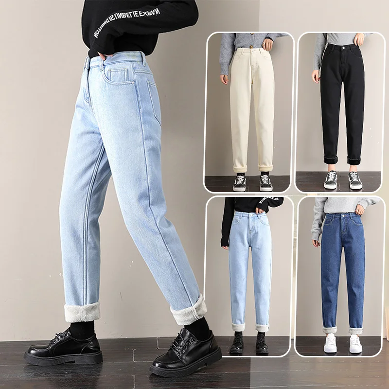 Women Winter Jeans Velvet Thick Warm Denim Pants High Waist Fleece Mom Jeans Vintage Denim Thermal Stretch Trousers