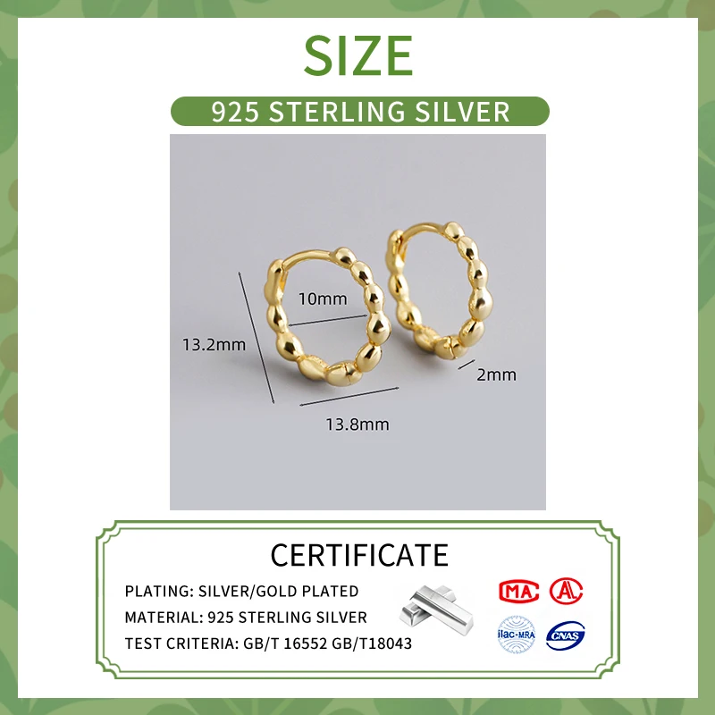 INZATT Real 925 Sterling Silver Bead Round 18K Gold Hoop Earrings for Women Classic Fine Jewelry Geometric Accessories