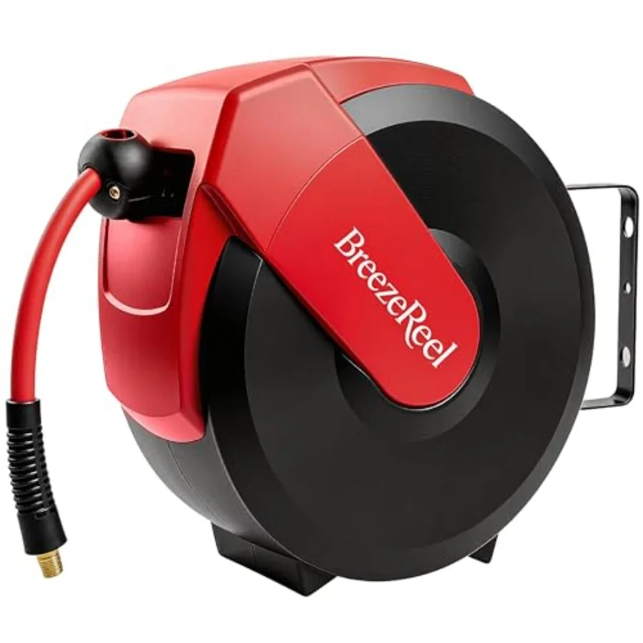 

Выдвижной барабан для воздушного шланга 50 футов x 3/8 дюйма, гибридный воздушный шланг, макс. давление 300 фунтов на кв. дюйм, автоматическая намотка, поворот на 180°, настенное/потолочное крепление для мастерских, красный