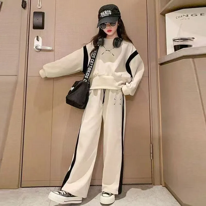 

Loose Elastic Wiast Sports Pant Suits 2026 New Junior Girls Spring 2PCS Tracksuit Clothes Set Cotton Letter Printed Sweatshirt