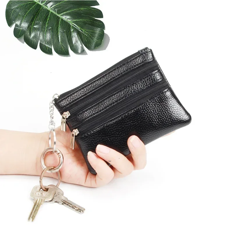 

Genuine Leather Small Card Holder Wallet - Double Zipper Coin Purse Clutch Pocket Organizer Unisex