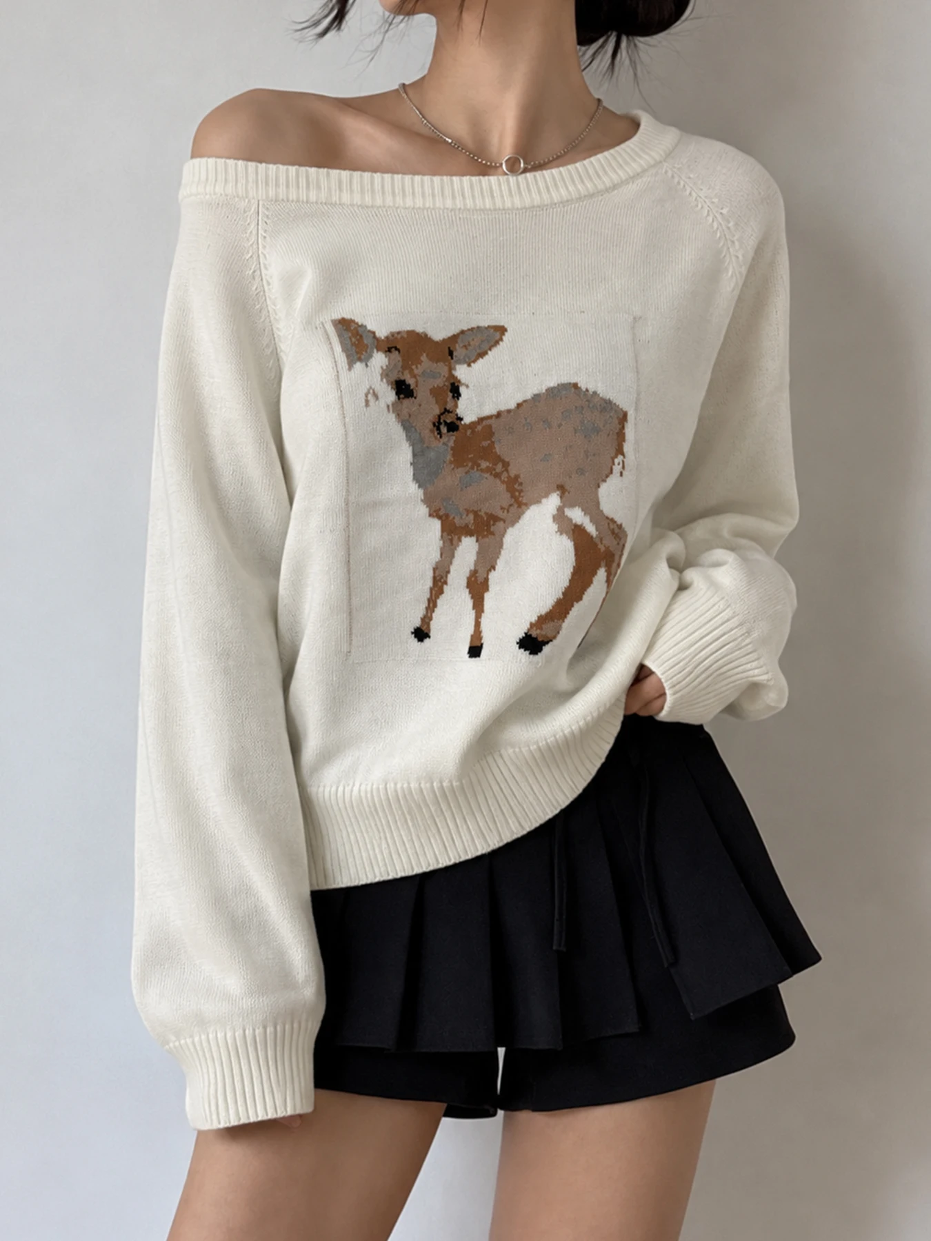 Vintage Harajuku Aesthetics Women Off Shoulder Sweaters Fashionable Fawn Deer Jacquard Long Sleeve White Casual Loose Pullovers