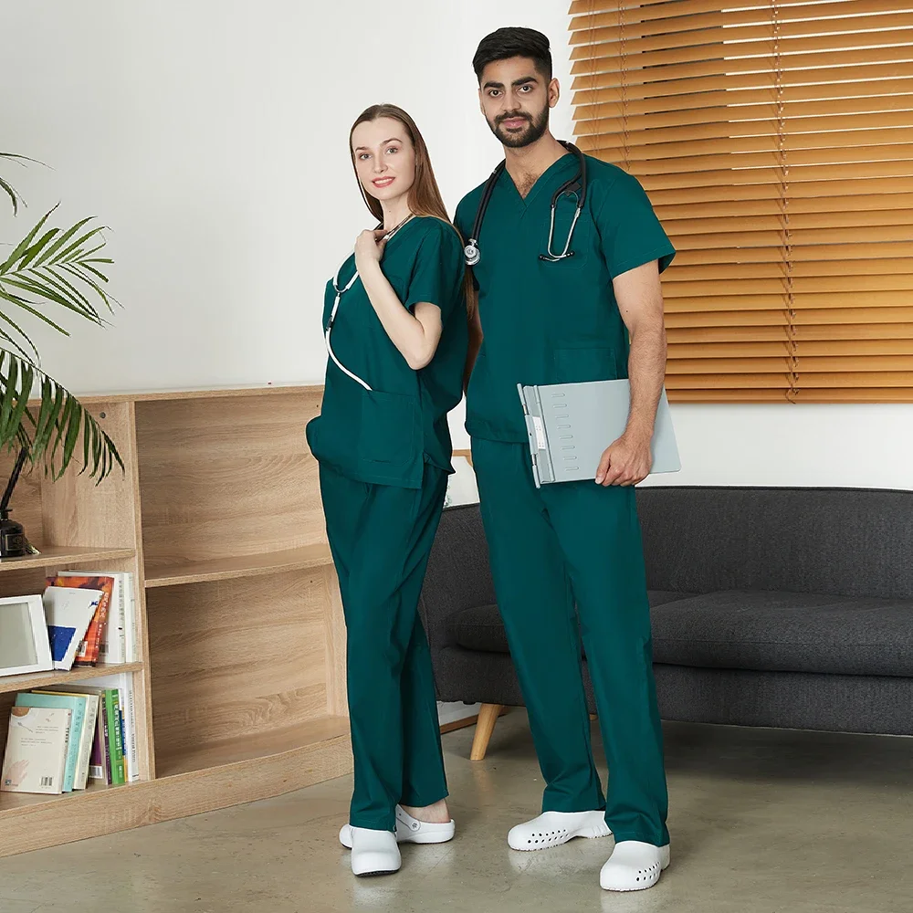 Conjunto de uniforme médico de cor sólida masculino atacado clínica hospital médico macacão com decote em v moda esfrega roupas de enfermeira de farmácia