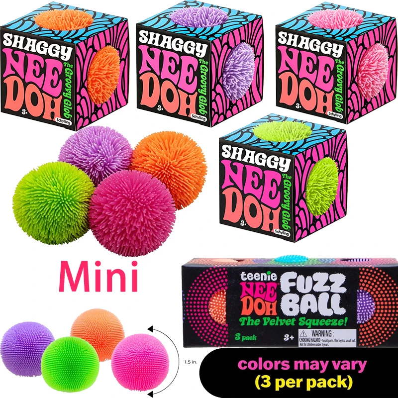 Needoh Shaggy Pacote com 3 Mini Bolas Felpudas Sensoriais Antiestresse Teenie Coloridas para Amassar e Esticar, Alívio da Ansiedade, TDAH, Brinquedo Fidget, Presente de Lazer