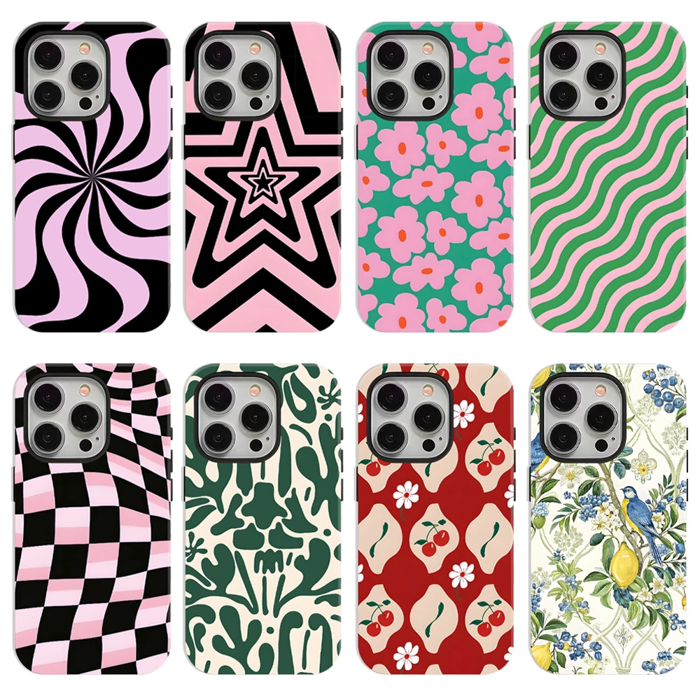 

Fashion INS Retro Geometric Floral Phone Case for iPhone 17 16e 16 15 14 13 12 11 7 8 Air Pro Max Luxury Double-layer Back Cover