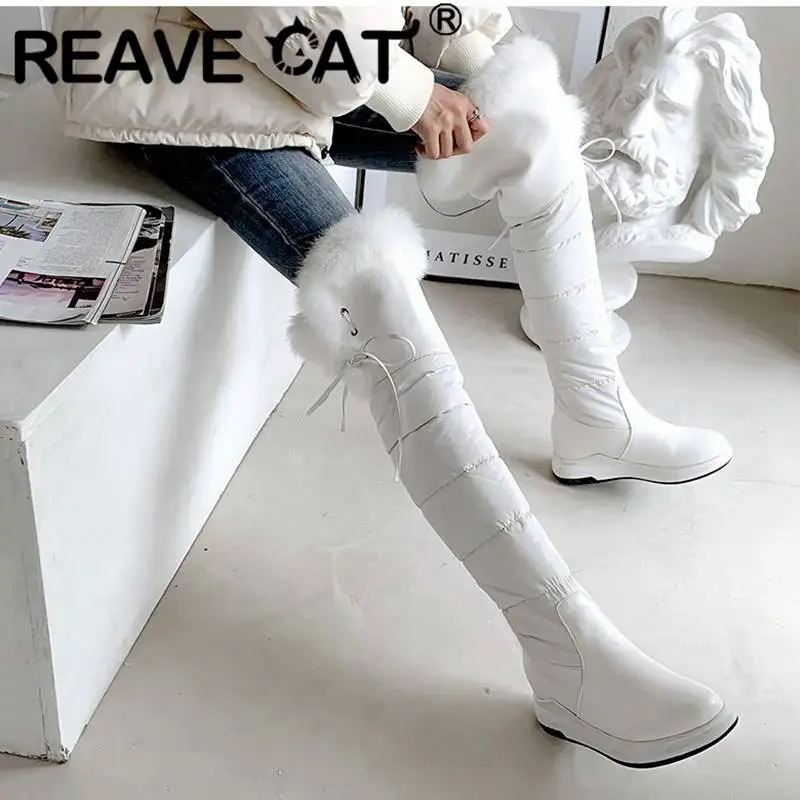 REAVE CAT Womans Thigh Boots Snow Shoes Thick Heels Slip On Big Size 42 43 Plush Furry Waterproof Booty Concise