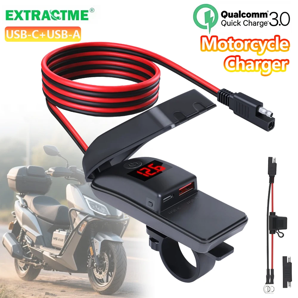 Extractme – chargeur de moto rapide de Type C, adaptateur d'alimentation, double prise USB QC3.0 avec interrupteur, voltmètre numérique étanche