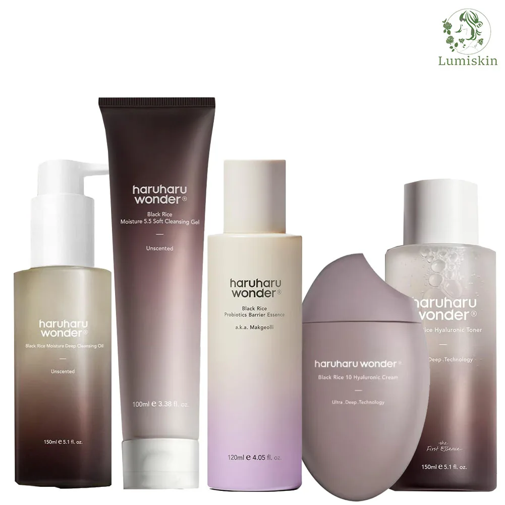 Gel limpiador hidratante de arroz negro HARUHARU Wonder + Esencia reparadora + Tónico hialurónico para restaurar la barrera cutánea para piel sensible