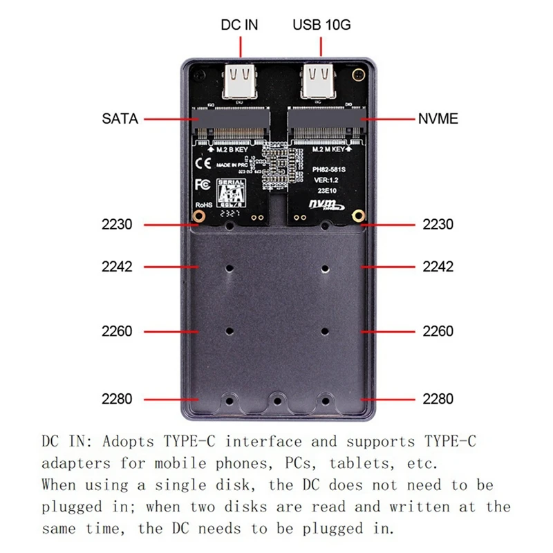 M.2 NVME SATA NGFF SSD Enclosure Single Chip Dual Protocol Dual Disk USB3.2 10Gb Mobile Storage Hard Drive Box