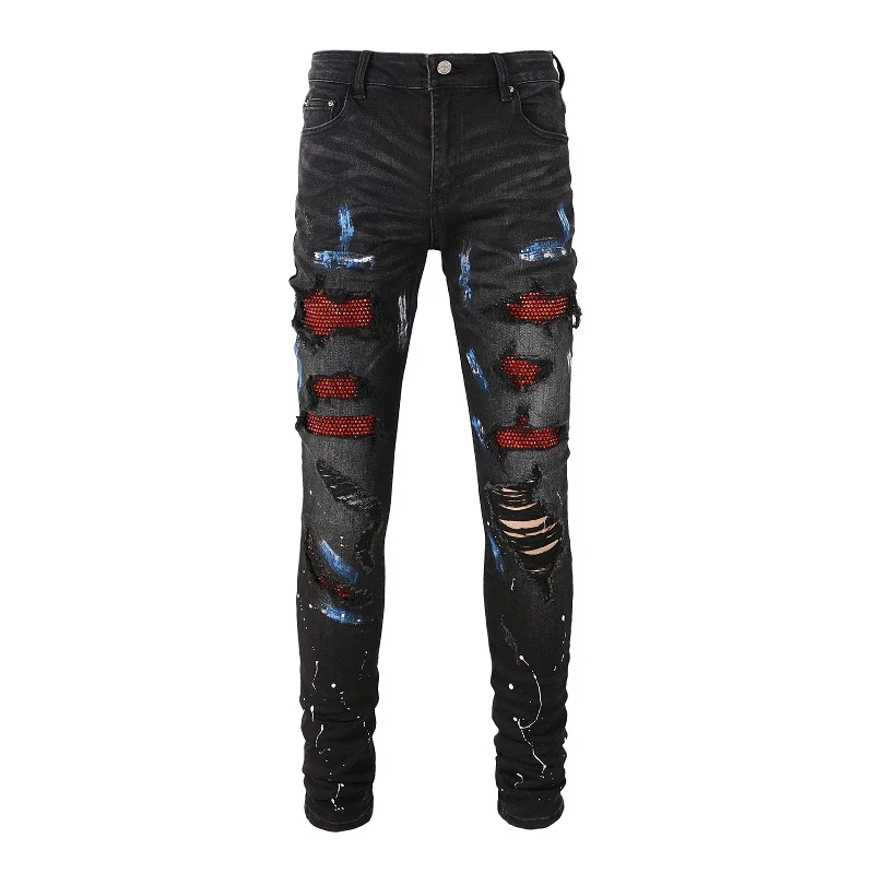Herren-Jeans aus Stretch-Denim mit Kristallverzierung, Skinny-Schnitt, mit aufgemalten Löchern, zerrissene, schmal zulaufende Hose, Streetwear, Patchwork-Design, schwarze Hose. – Detail 3