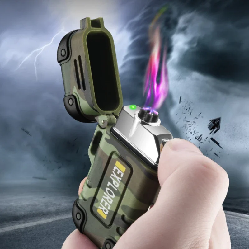 Newest Outdoor Portable Waterproof Dual Arc Rechargeable Lighter Personalized Safety Buckle Windproof Silent Cigarette Lighter