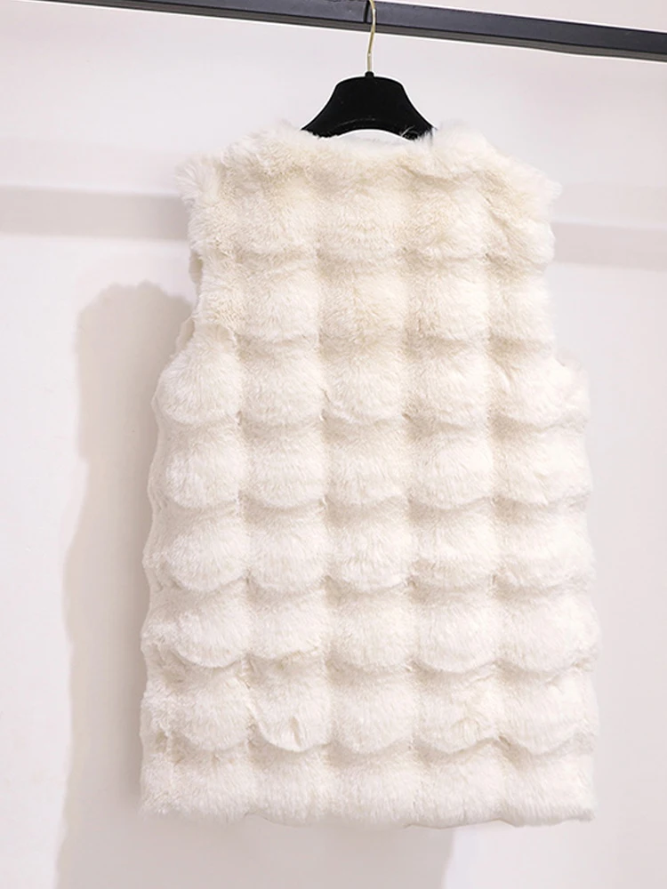 Women Sleeveless Vest Faux Fur Jacket Elegant Fashion Casual Solid O-Neck Mid-Length Versatile Waistcoats 2023 New Autumn Winter