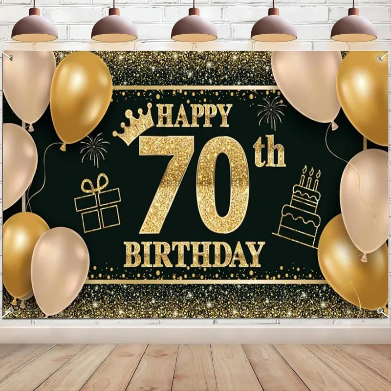 

Happy 70th Birthday Backdrop Banner Black Gold Porch Signs Supplies Photography Background Party Decorations for Women Men