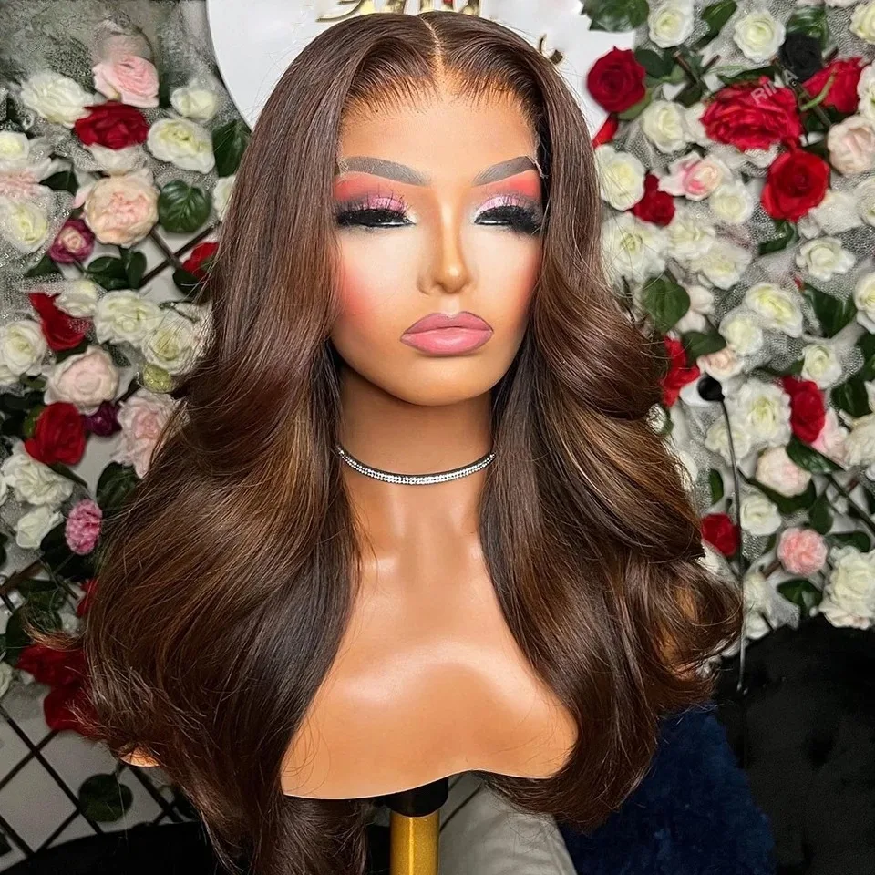 

13x4 Шоколадно-коричневый парик фронта шнурка 180% плотность бесклеевой парик предварительно выщипанный предварительно вырезанный объемный волнистый парик фронта шнурка для женщин черный/613