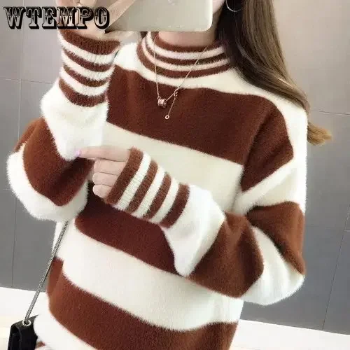 WTEMPO Striped Sweater Mock Neck Thickened Thermal Pollover Autumn and Winter Korean Loose Bottoming Shirt Girls' Jumper