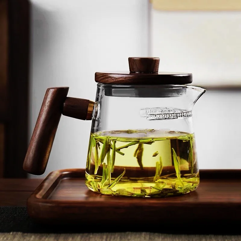 Walnut Wooden Handle Lid Heat Resistant Glass Teapot With Crescent Filter Kung Fu Puer Flower Making Small Tea Pot 450ML Tea Set