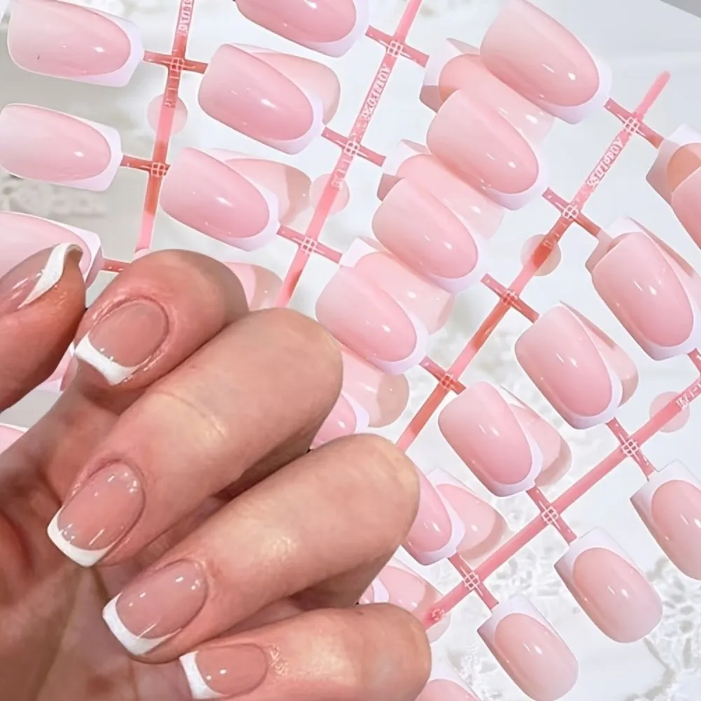 120PCS Short Square French Tip Press on Nails Natural Nude Pink Milky Base Glossy False Acrylic Nail Art Tip Extensions