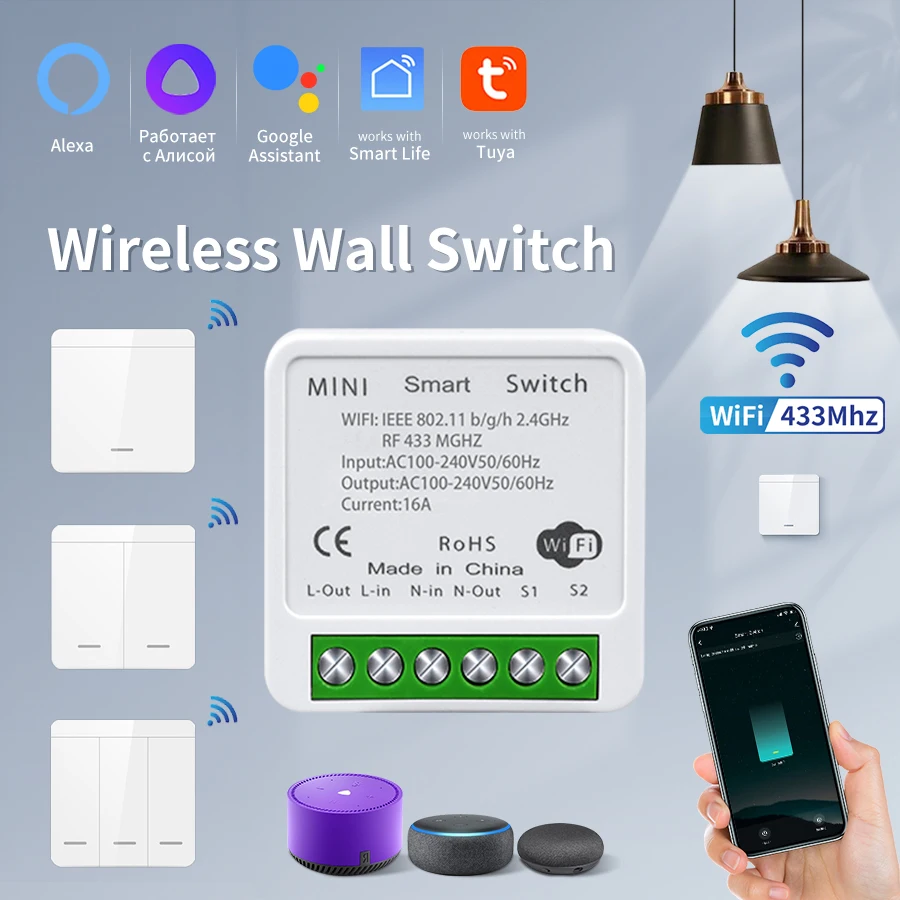 Tuya WiFi Smart Switch 433Mhz Relay Receiver Wireless 1/2/3 Gang 86 Wall Panel Switch APP Control Works with Alexa Google Home