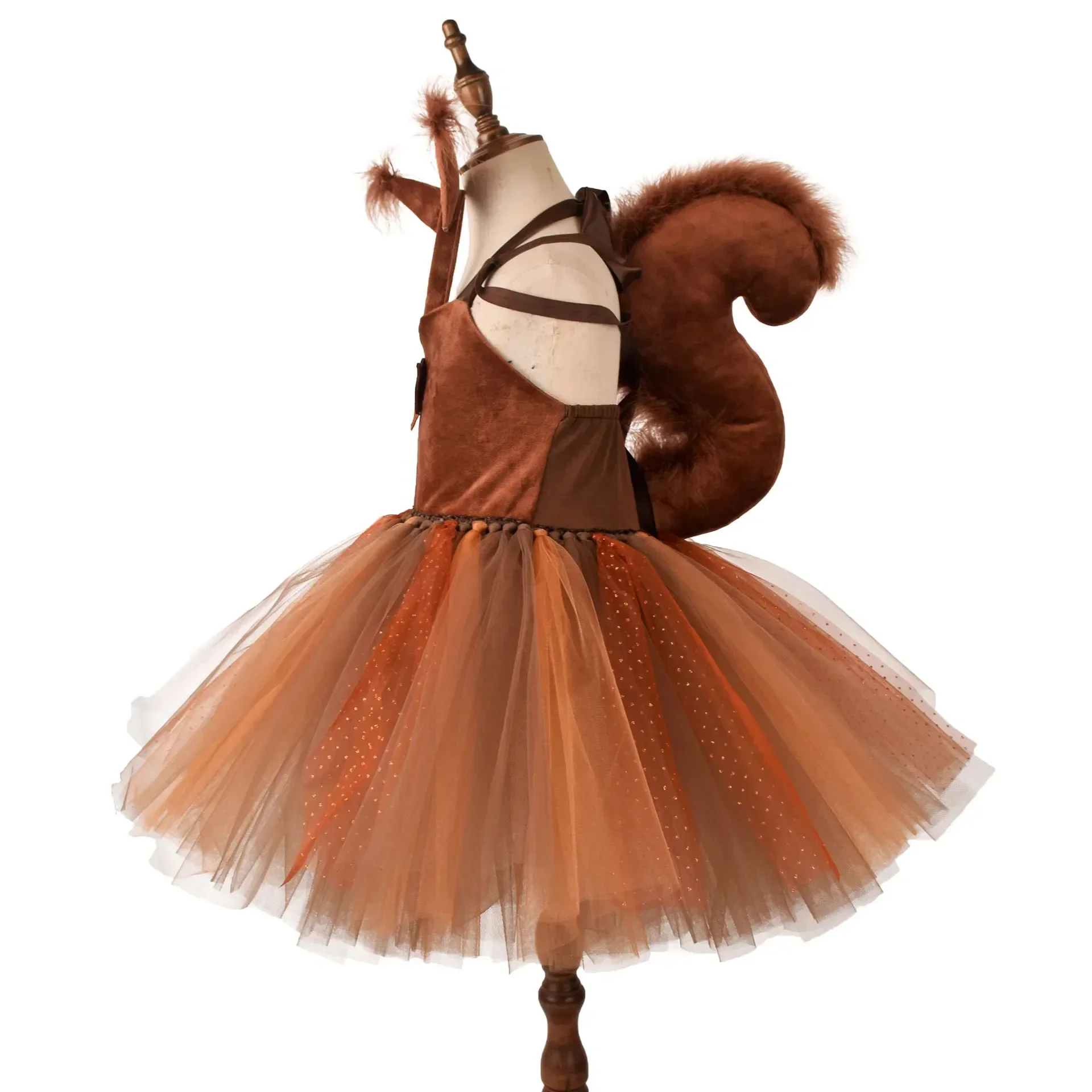 Halloween Brown Animal Squirrels Dress for Girls Cosplay Costume with Tail Headband Halloween Birthday Party Gifts 2025