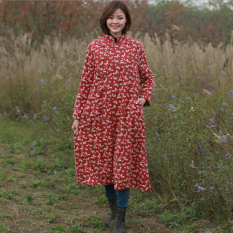 Winter Cotton And Hemp Wool Garden Small Floral Plus Long Coat Women's Retro Loose Single Breasted Thick Warm Coat Robe Casual