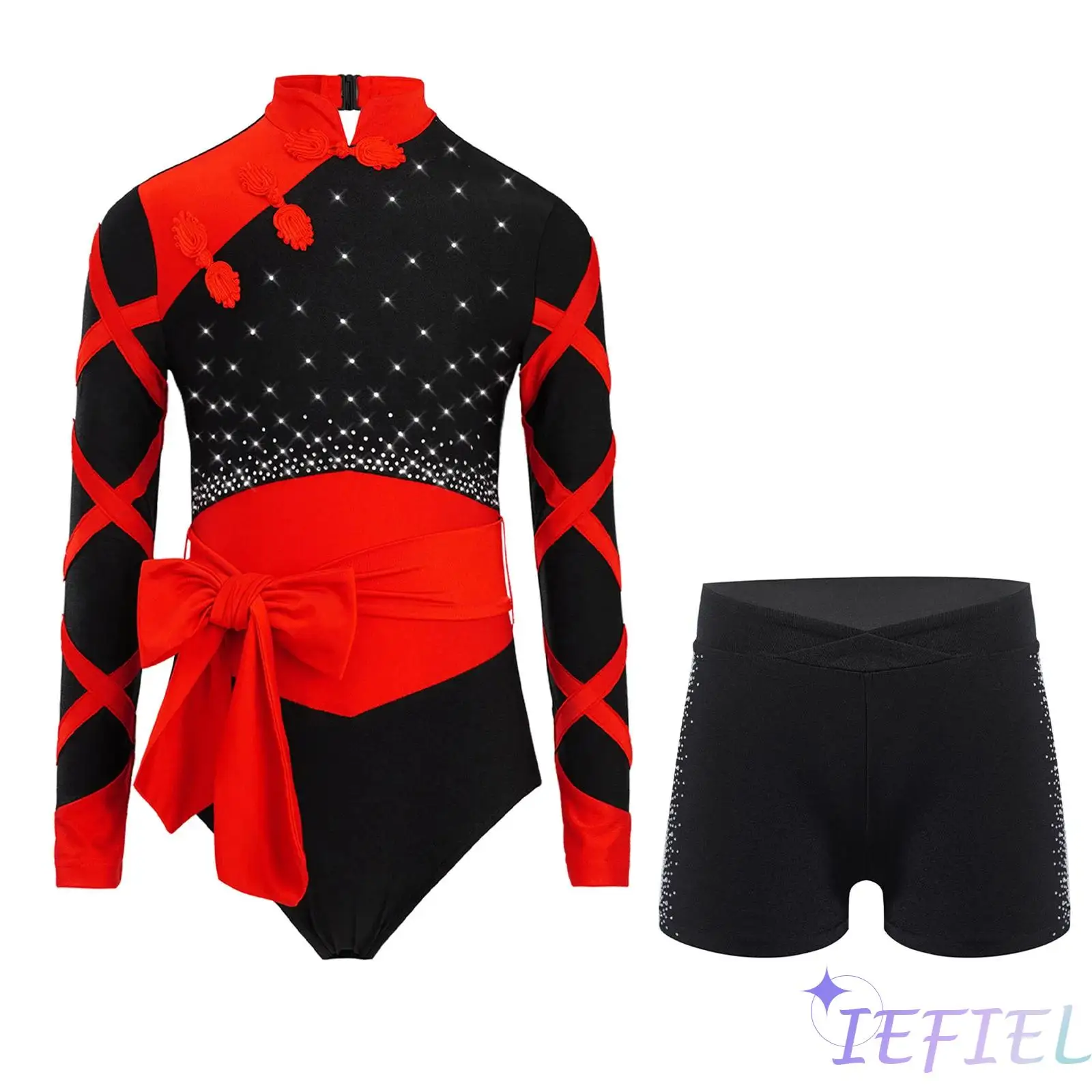 

Kids Girls Gymnastics Outfit Mandarin Collar Long Sleeve Rhinestones Color Block Leotard with Belt And Elastic Waistband Shorts