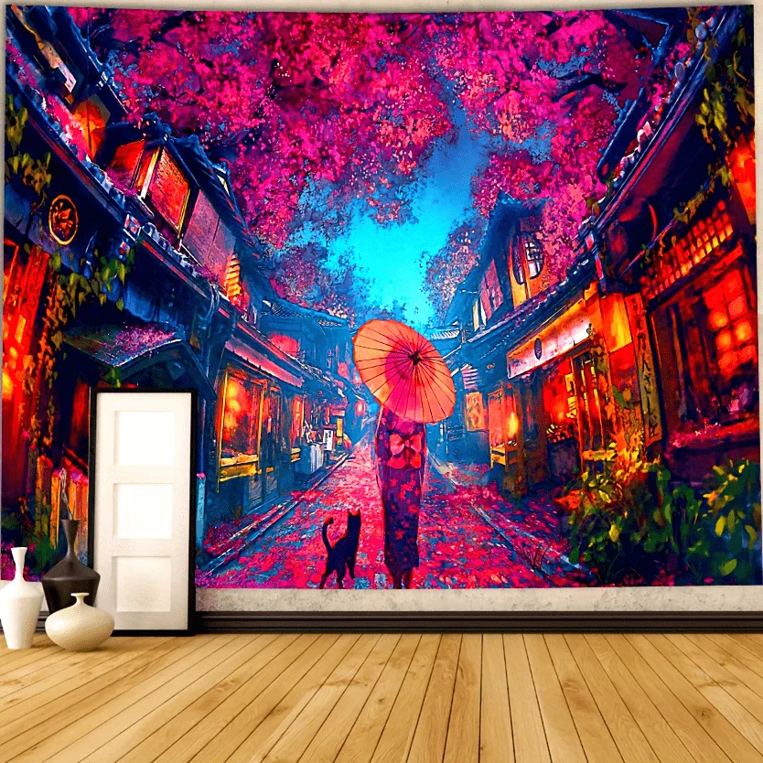 VIKAMA Cyber Neon Cherry Blossom Street Tapestry Background Cloth, Atmospheric Decorative Wall Cloth for Room Decoration