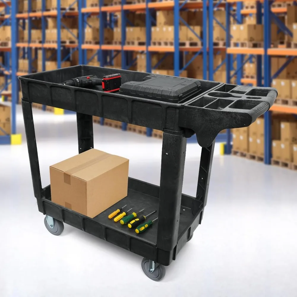 Carro utilitario con ruedas de 2 estantes, servicio resistente y carro de herramientas con ruedas, 40 x 17 pulgadas, capacidad de carga de 500 lb, ideal para garajes,
