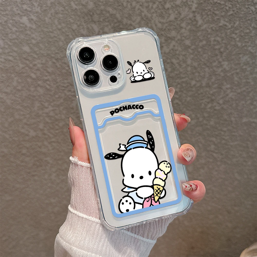 Cute Cartoon Pochacco Card Hold Case For iPhone 16 15 14 13 12 11 Mini Pro Max X XR XSMax 7 8 Plus SE20 Anti-fall Clear Cover