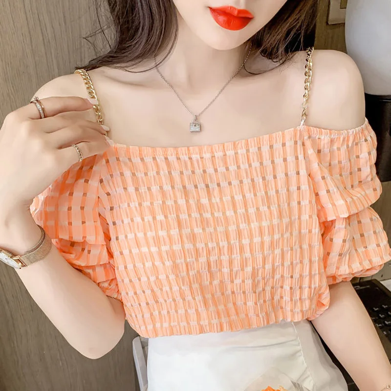 Stylish Slash Neck Loose Folds Backless Puff Sleeve Blouse Women Clothing 2023 Summer New Casual Pullovers All-match Sweet Shirt