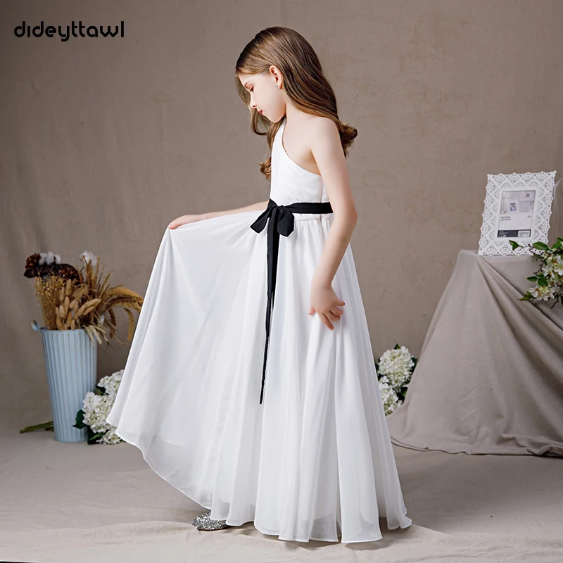 Dideyttawl Customized White Chiffon One Shoulder Flower Girls Dress Kids Birthday Party Junior Bridesmaid Gown First Communion