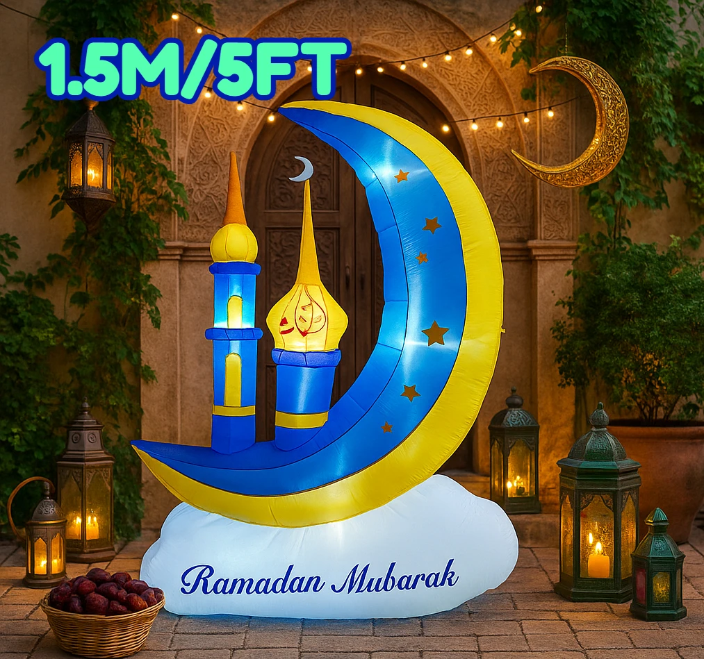 

Ramadan Mubarak 5FT Inflatable Blue Crescent Mosque Decor Star Pattern Yellow Dome Islamic Holiday Yard Garden Festive Supplies