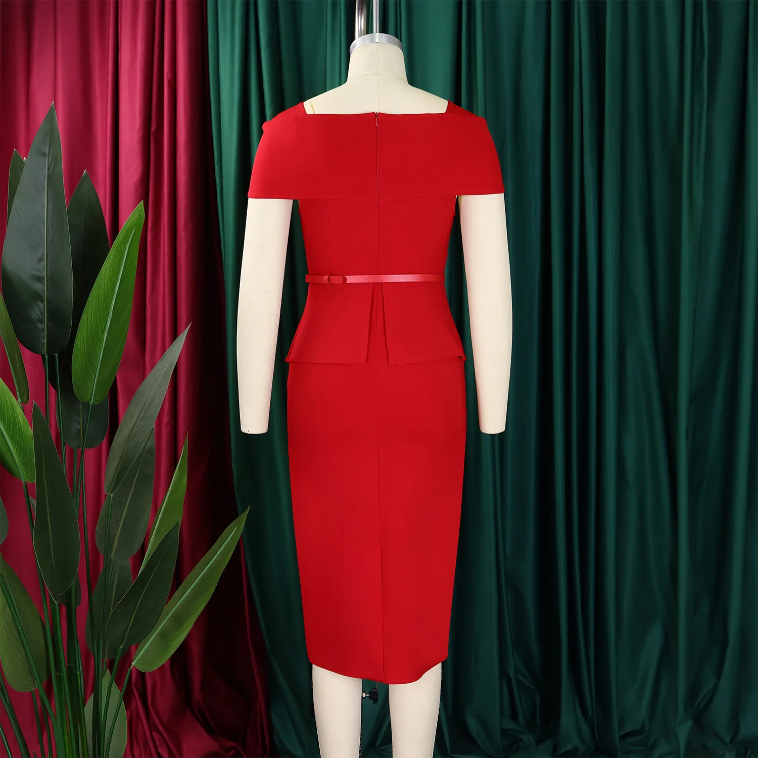 

Short Sleeve Square Neck High Waist Ruffle Hem Red Mid Pencil Dress with Belt OL Elegant Women African Vestidos Robe