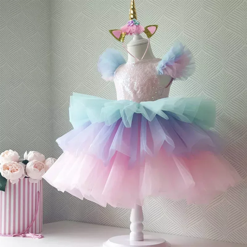 Flower Girl Unicorn Rainbow Wedding Party Dress Girl Birthday Party Unicorn Role Dance Performance Dress Kids Clothing 3-10Yrs