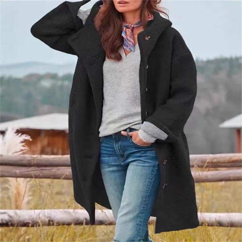 2025 New Fashion European American Women's Solid Color Casual Trendy Loose Long Sleeve Hooded Wool Blends Female Clothes Coats